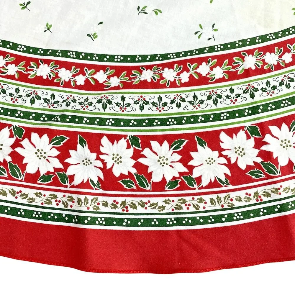 Vintage Christmas Tablecloth White Cotton Red & Green Border Oval Retro Holiday